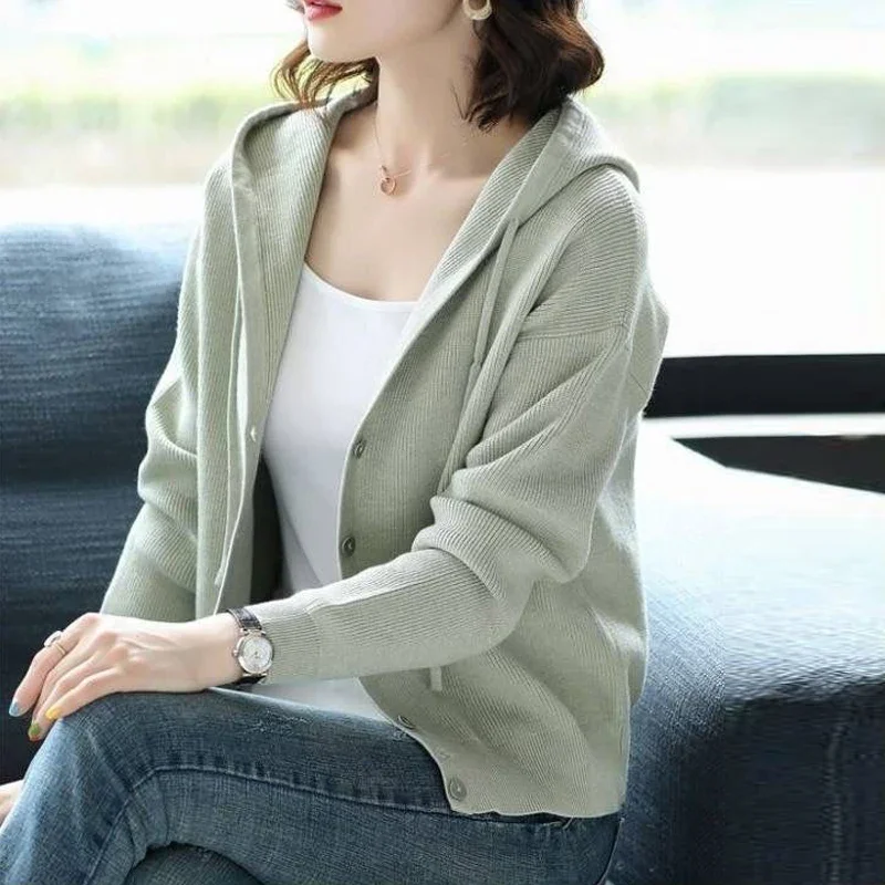 

Women Vintage Solid Cardigan Sweatrer Autumn Soft Loose Knitted Thick Winter Casual Simple Drawstring Hooded Jacket JJ704