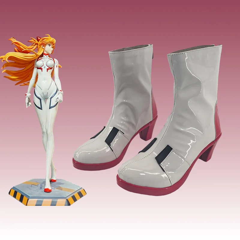 Anime EVA Asuka Cosplay Sapatos Botas de couro artificial branco para mulheres e meninas