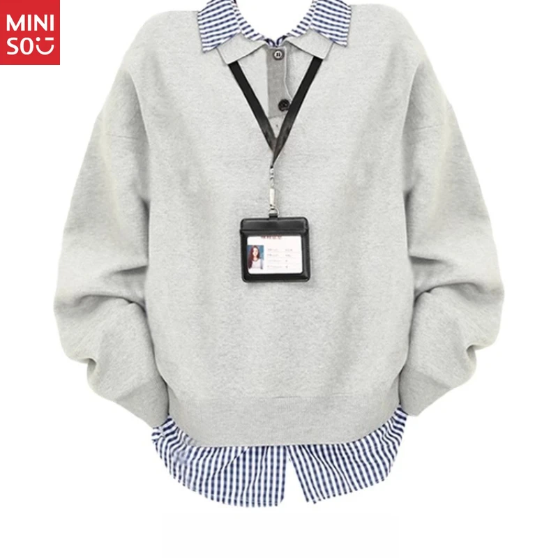 

Miniso Korean Plaid Patch Sweater, Fake Two-piece Collar Top, Loose Lazy Fall Blouse
