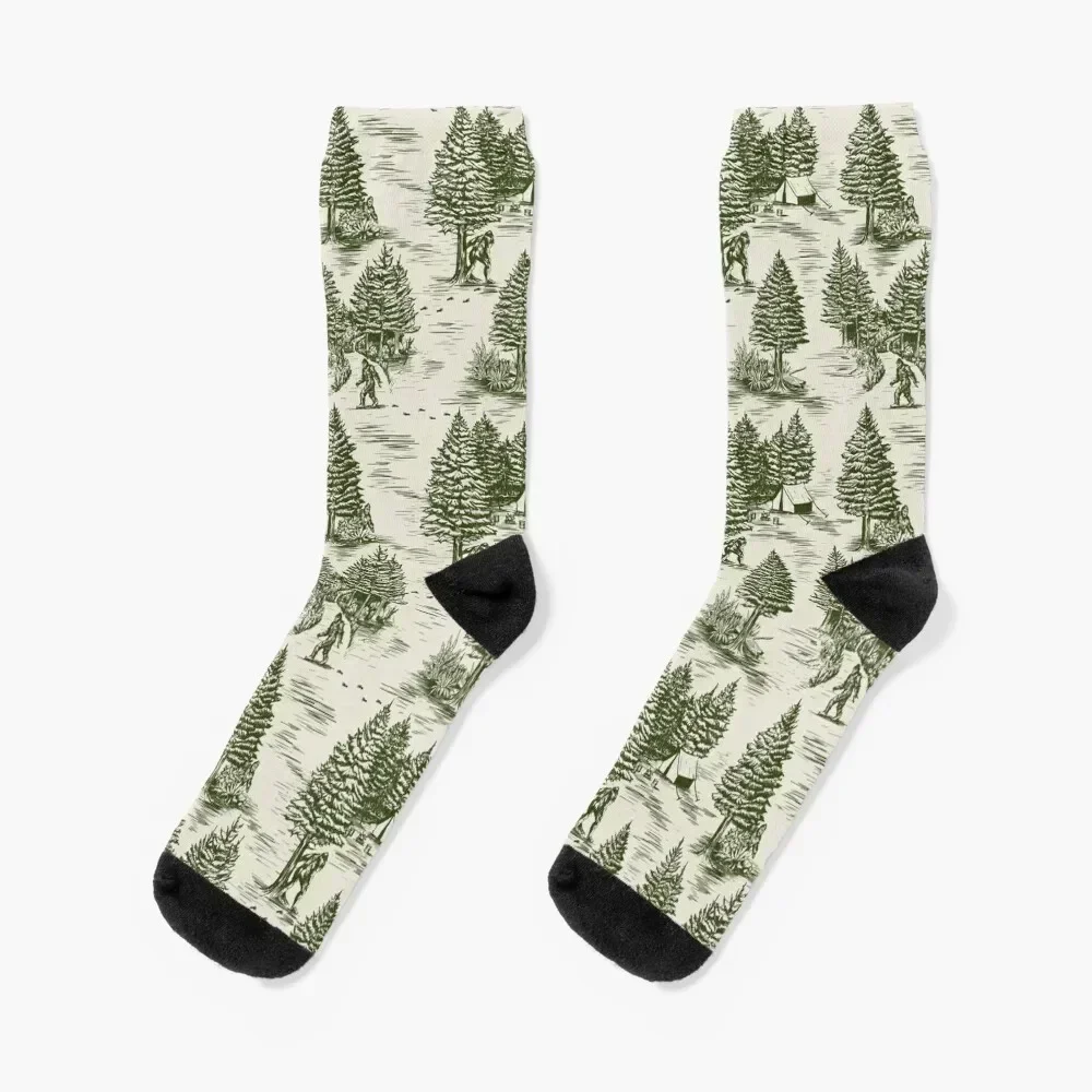 Bigfoot / Sasquatch Toile de Jouy in Forest Green Socks sheer hockey Socks Man Women's