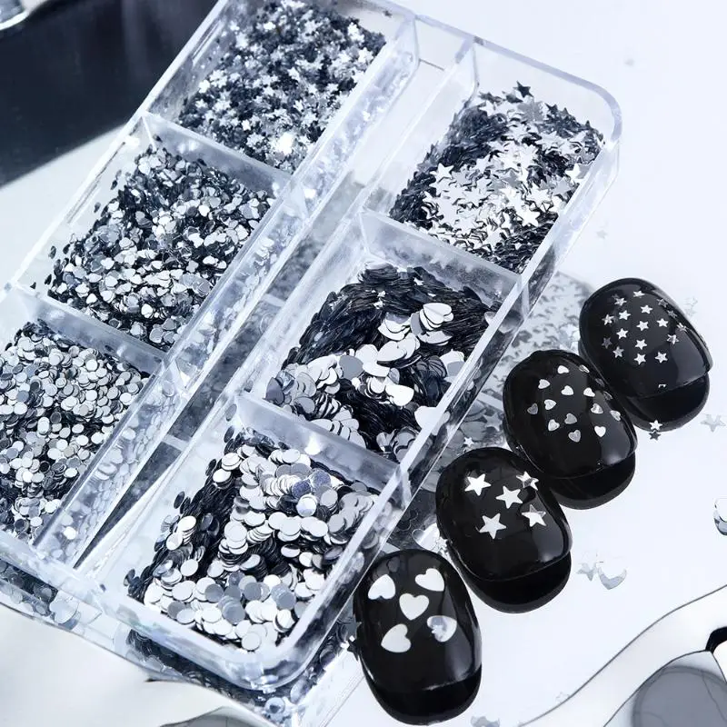 6 Grids Silver Glitter Love Star Nail Charms 3D Nail Decorations Jewelry For Nail Art Salon Manicure Supplies