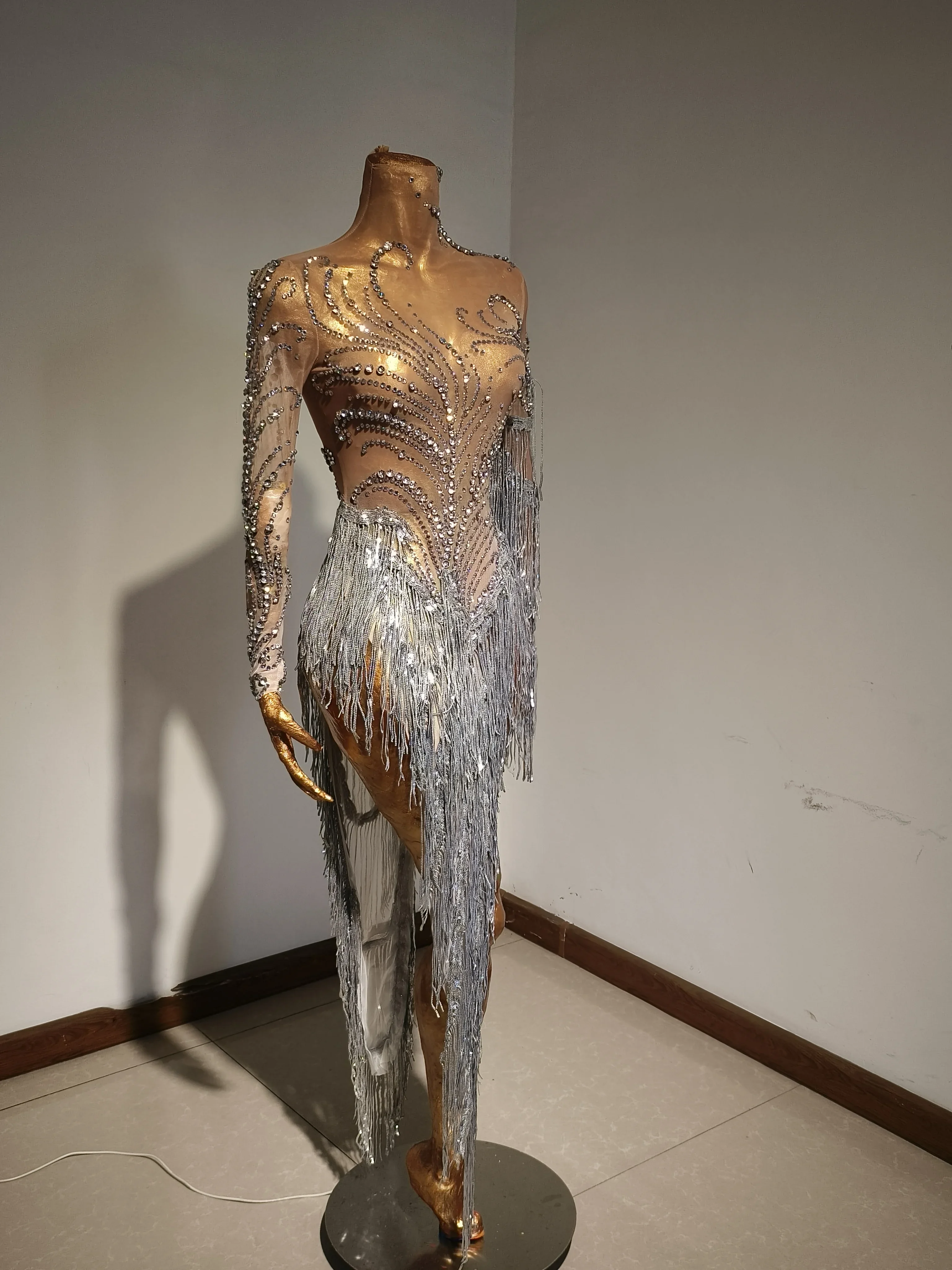 Show Girl Kostüm Luxus Party OutfitSparkly Kristall Perle Frauen Sexy Quaste Bodycon High Split Feiern Prom Outfit Geburtstag D