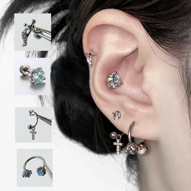 1 pendiente de tuerca de acero inoxidable para Piercing en la oreja, hélice para el trago plano para mujer, pendientes cruzados en forma de lóbulo C, joyería para Piercing de cartílago