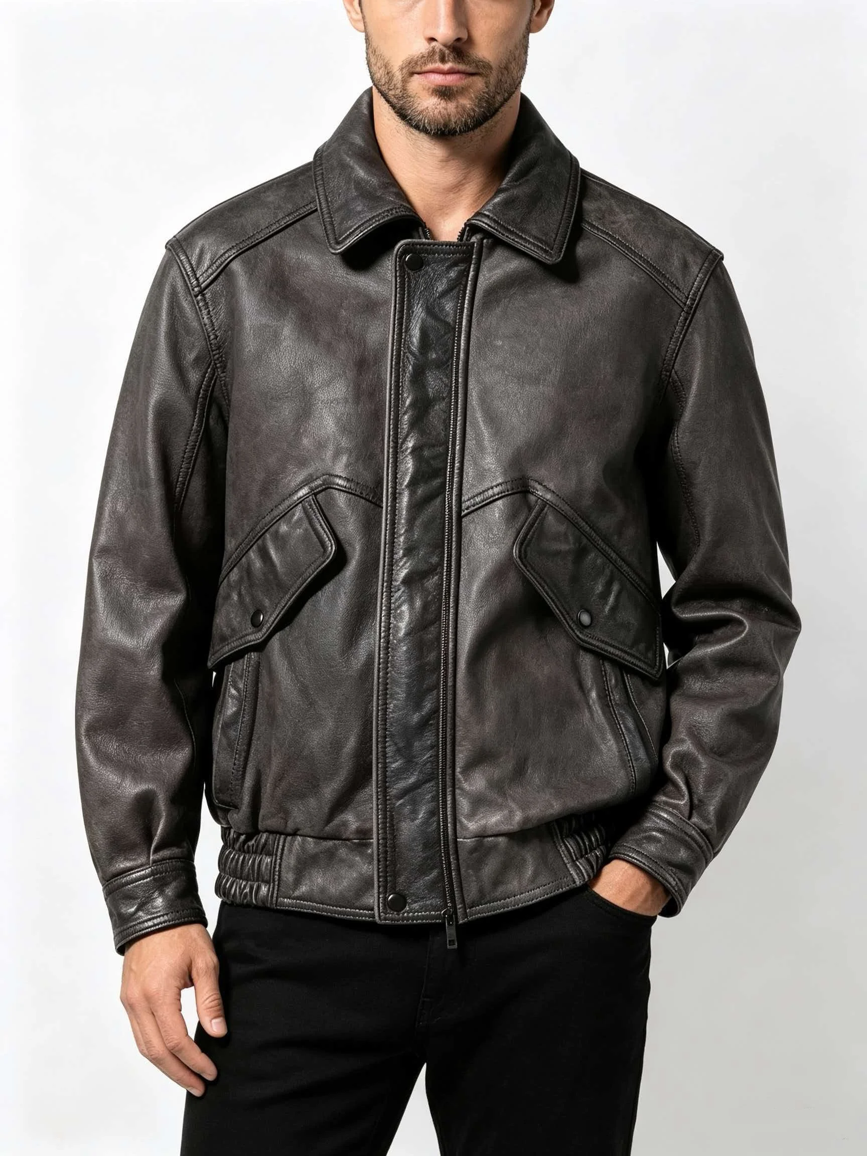 Men's Genuine Cowhide Leather Flight Jacket Charcoal Grey Distressed Waxed Zip Front With Large Slant Flap Pockets Rib Hem Retro
