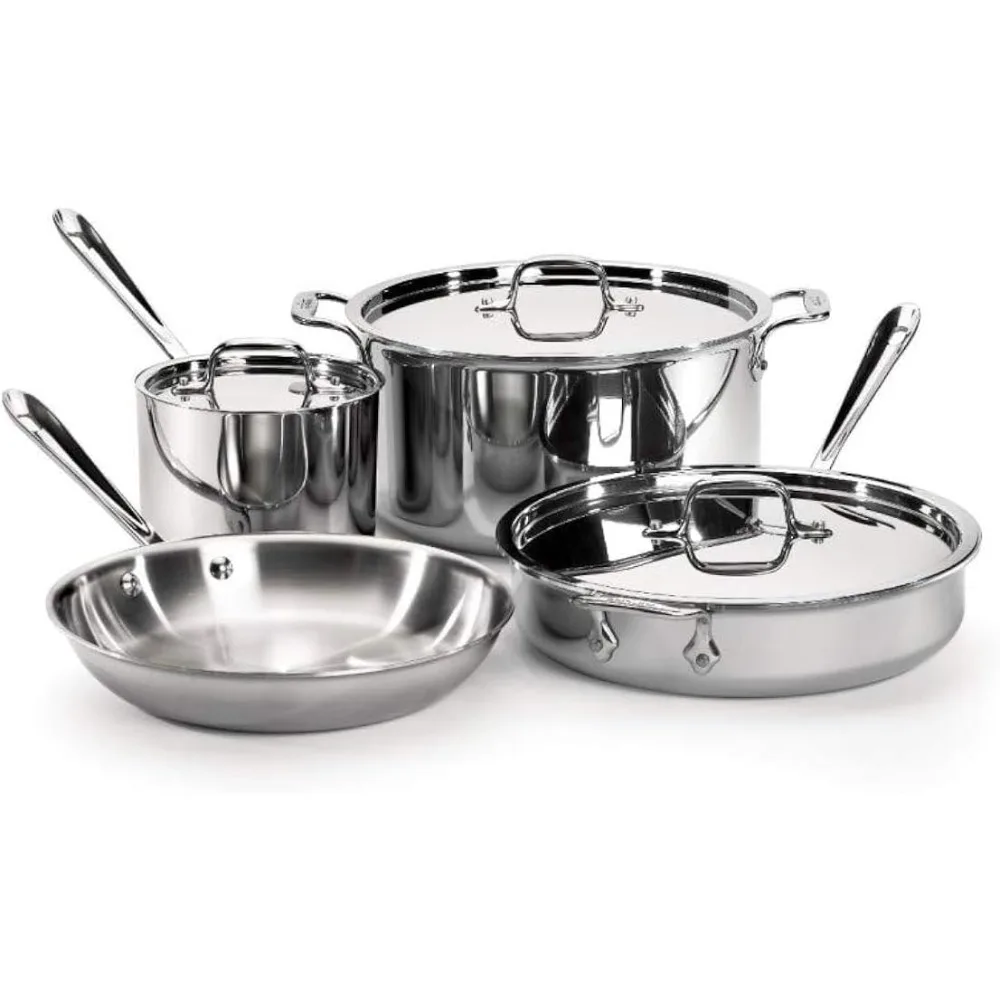 3-Ply Stainless Steel Cookware Set 7 Piece Induction Oven Broiler Safe 600F Pots and Pans, Cookware Silver