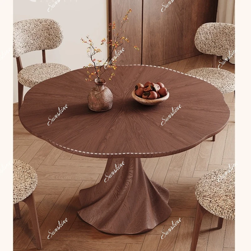 Medieval solid wood dining table round small apartment, full towing solid wood household round table