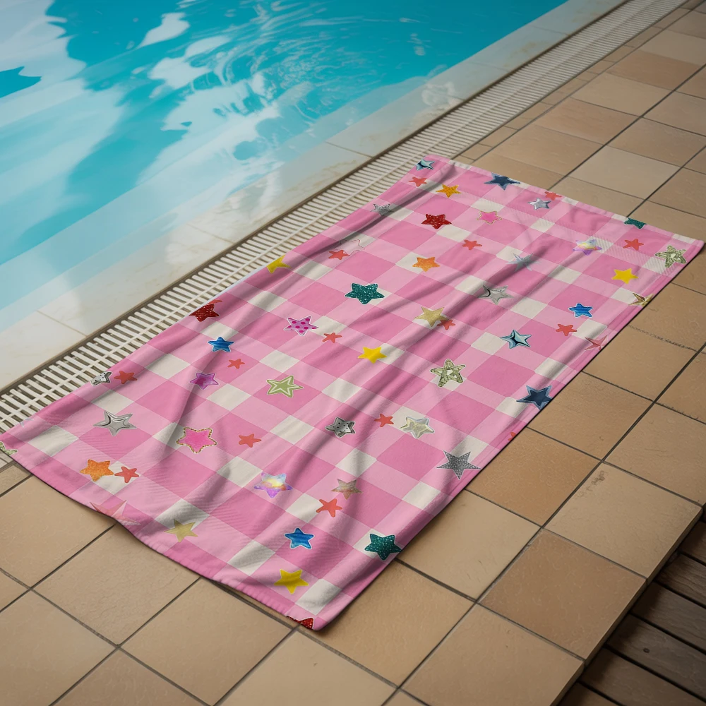 Pink Check Star Soft Portable Travel Towel Unisex Ultra Lightweight Microfiber Oversized Sand Free Quick Dry Beach Towel