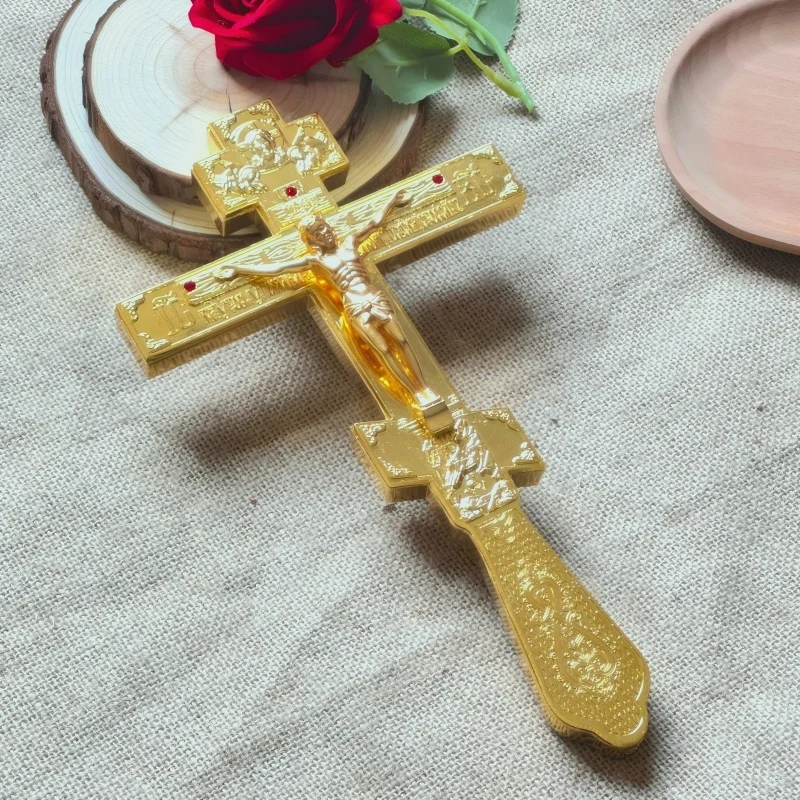 Croix orthodoxe vintage plaquée or avec base en émail pour l'autel domestique, la prière, la dévotion, décoration religieuse chrétienne