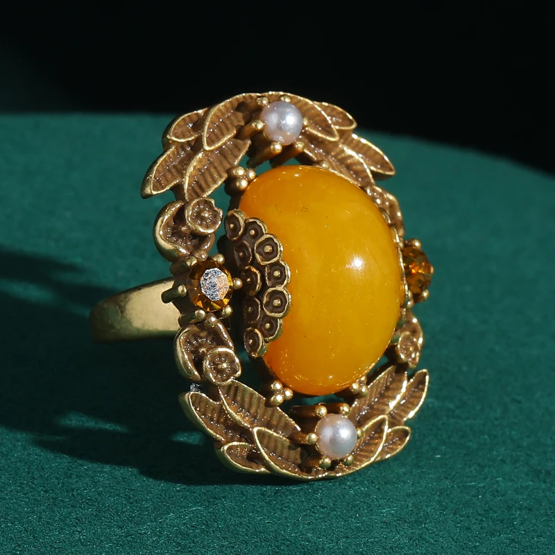 

Vintage Rings Yellow Oval Natural Stone Antique Gold Color Leaf Designer Jewelry For Woman Brand Accessories Luxury 2025