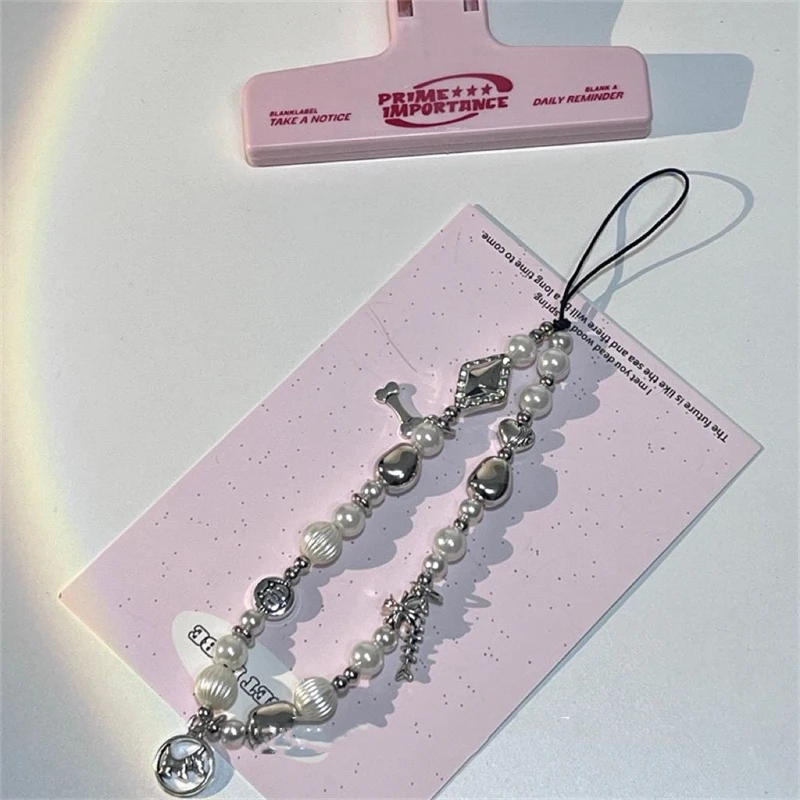 INS Korean Cute Silvery Puppy Fishbone Beaded Phone Chain Charm Lanyard For iPhone Samsung Universal Accessories Jewelry Pendant