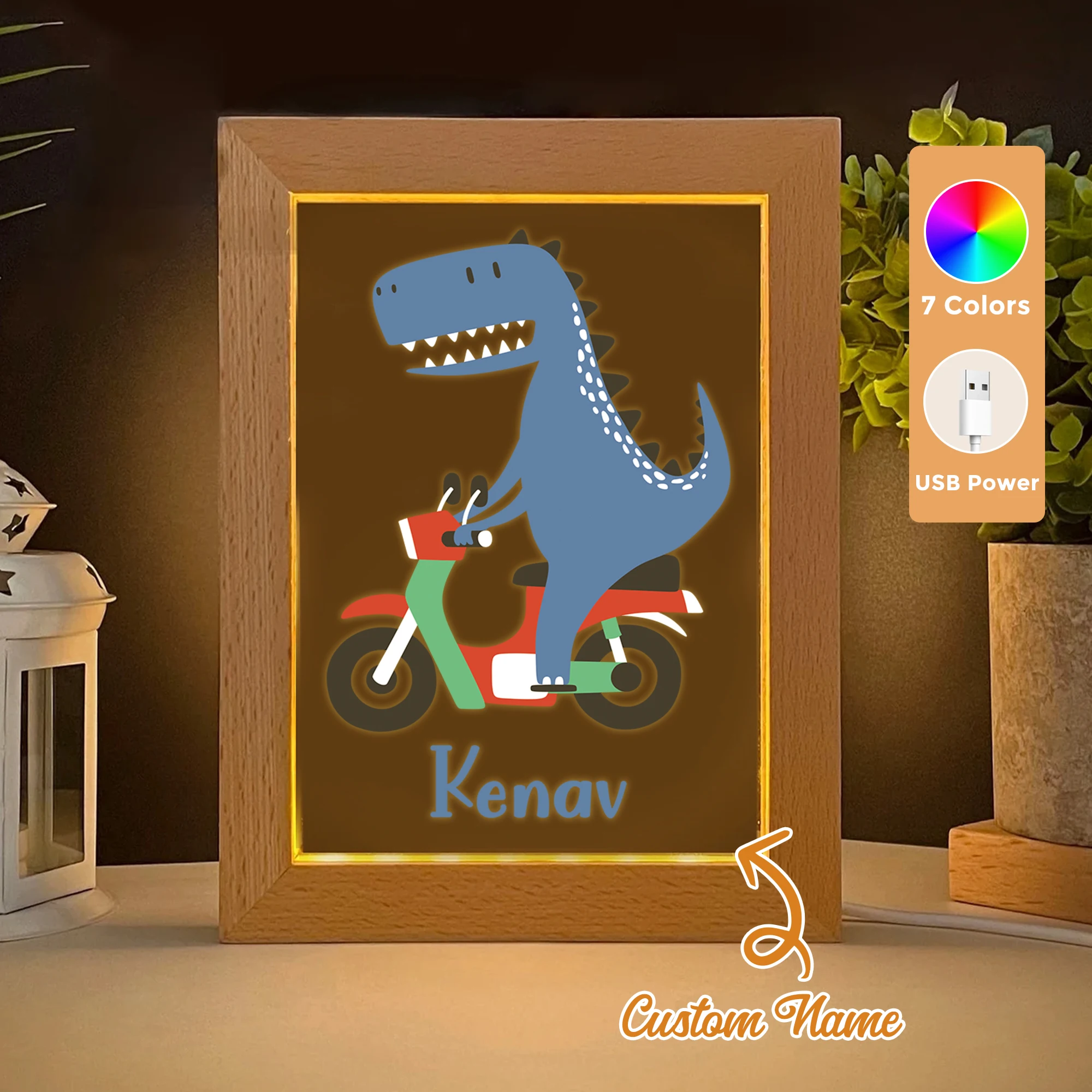 

2D Flat Custom Name Cartoon Dinosaur Ride LED Acrylic Night Light Wood Photo Frame 21x17cm Child Bedroom Gifts Home Decor