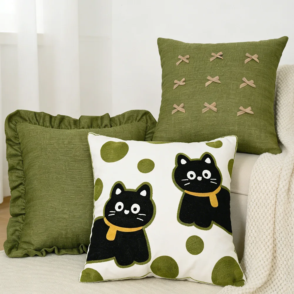 

Green Cat Embroidered Cushion Cover Floral Bow & Ruffled Throw Pillow Cases Soft Sofa Bed Decor Aesthetic Living Room Home Decor