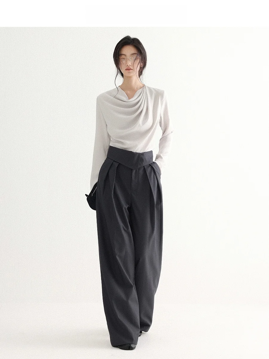 

Asymmetric Design Long Sve Women's irt CHACHASTU Irregular Texture Collar Top Autumn Winter Ele Polyester Fiber