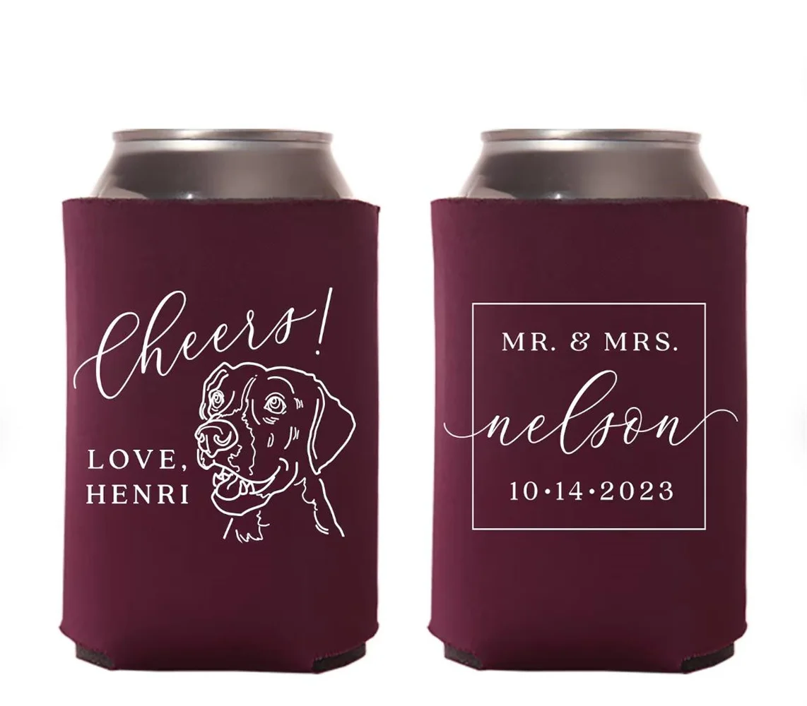 

Regular & Slim Can Cooler Wedding Package- Custom Pet Illustration - Cheers - Wedding Favor Package, Wedding Favors, Can Holder