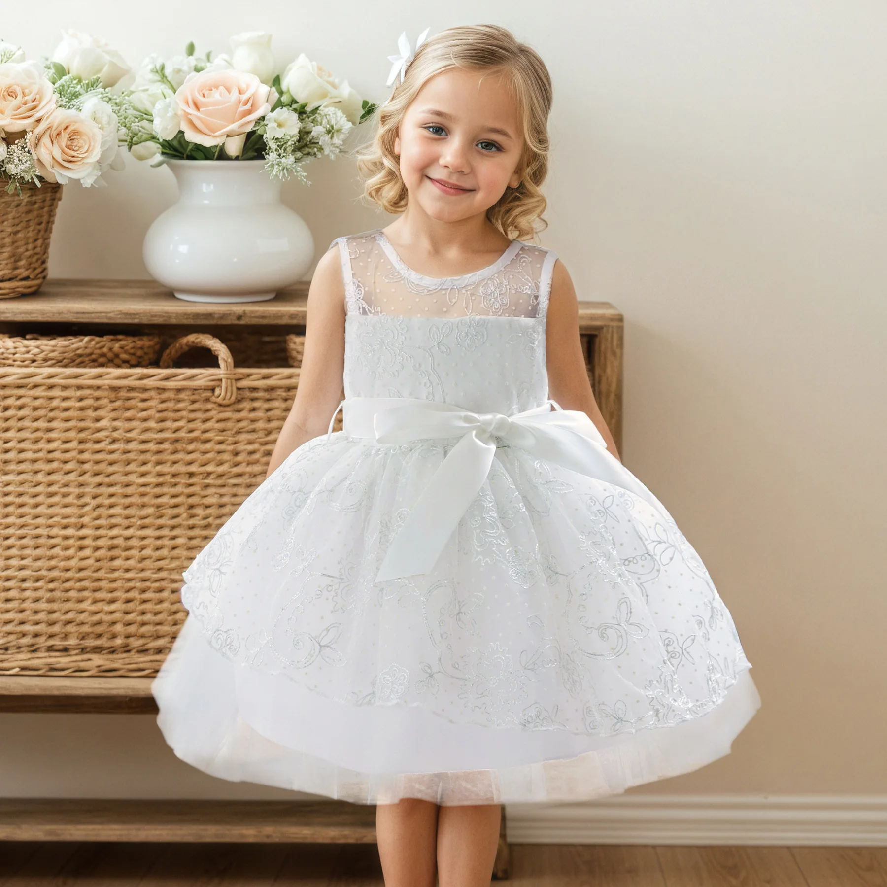 Elegant White Dress For Flower Girls Lace Embroidery Princess Dress For Kids Wedding Bridesmaid Birthday Party Pageant Prom Gown