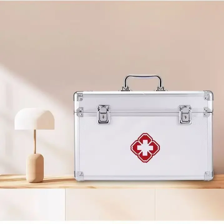صندوق دواء فضي من الصلب يرتدون الزاوية طقم الطوارئ المنزلي سبائك الألومنيوم قفل صندوق تخزين صندوق طبي متعدد الطبقات