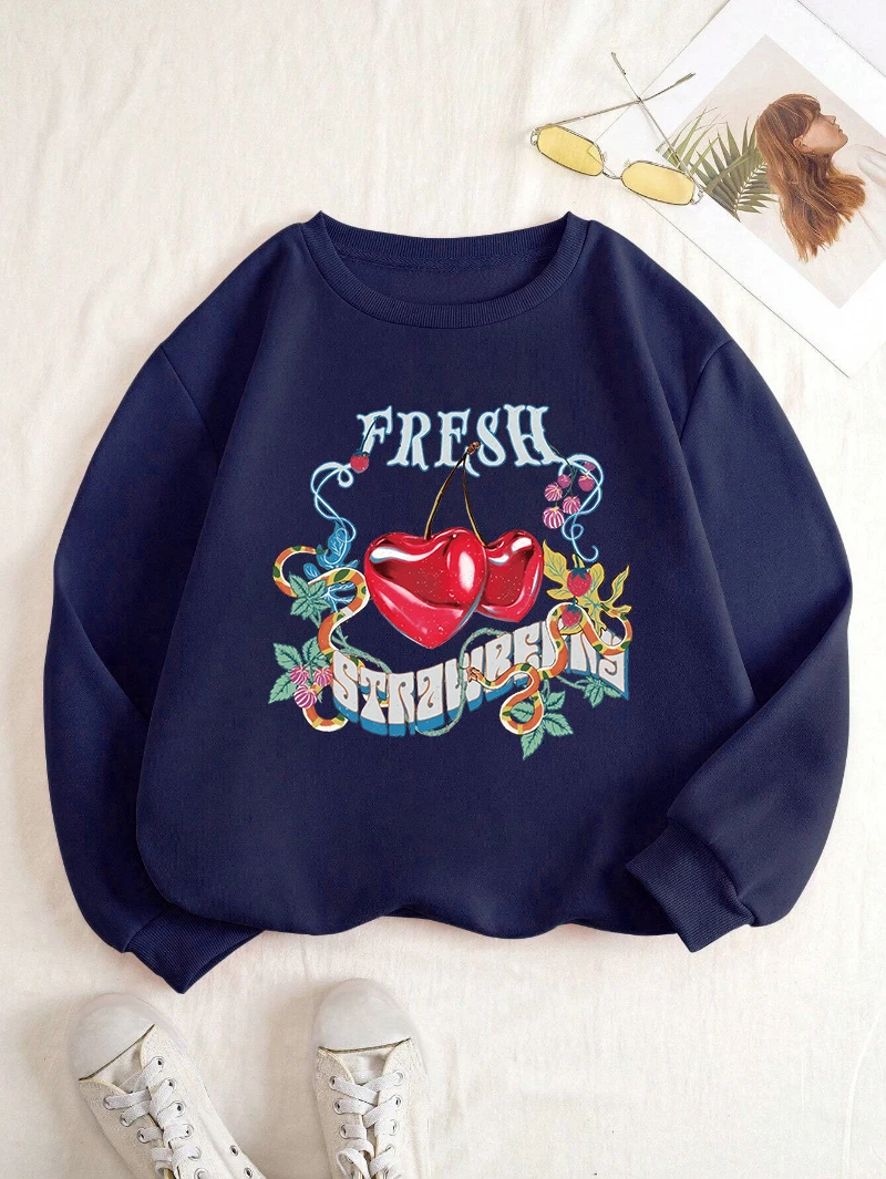 Winter Womans Sweatshirt Fresh Cherry Carnival Party Printed Pullover Warm Fleece Comfortable Hoodie Kawaii Female Sportswear