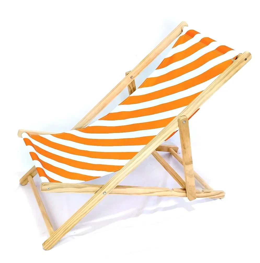 

Portable Folding Lounge Chair with Striped Canvas, Lightweight Reclining Deck Chair, Adjustable Wooden Frame Sun Lounger