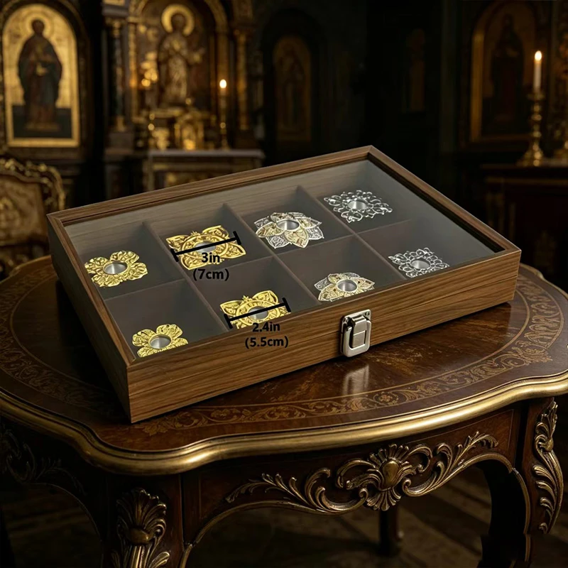Byzantine Style Metal Vigil Lamp Float Holders Set in Velvet Lined Wooden Box Orthodox Religious Home Altar Decor Christian Gift