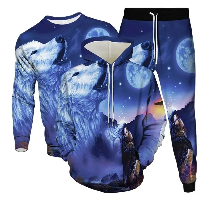 2023 Men's Tracksuits Spring Hoodie Sweatshirt Pants 3 Piece Set Animal Wolf Moon Print Male Casual Clothes Suits Large Size 6XL