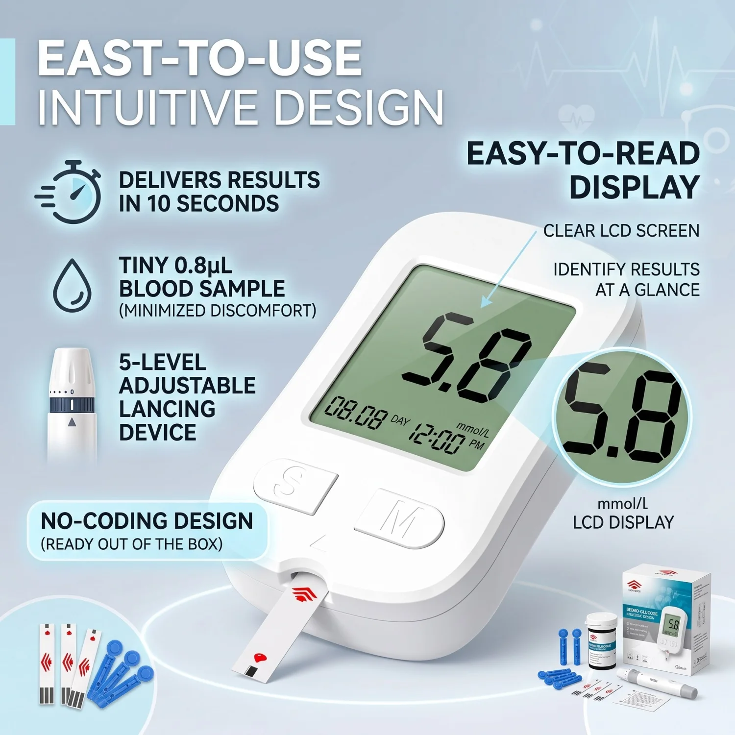 Kit de Glucomètre Médical avec 50 Bandelettes de Test, Lancettes et Détecteur pour Diabétiques – Affichage LED de la Glycémie