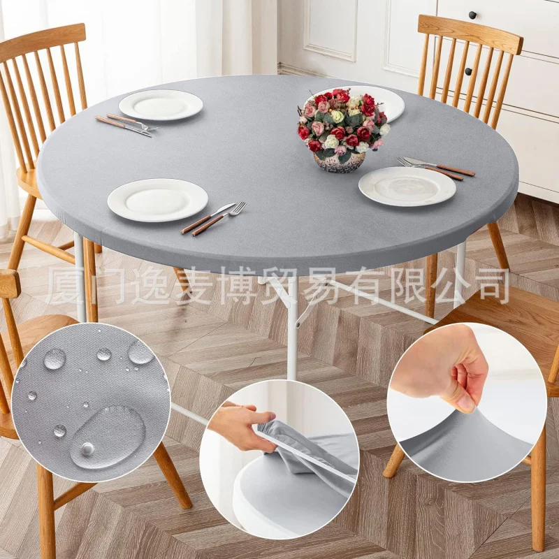 Cross-BorderPVCRound Tablecloth Solid Color Waterproof Oil-Proof Fleece-lined Thickening Print Plastic Tablecloth Elastic Band T