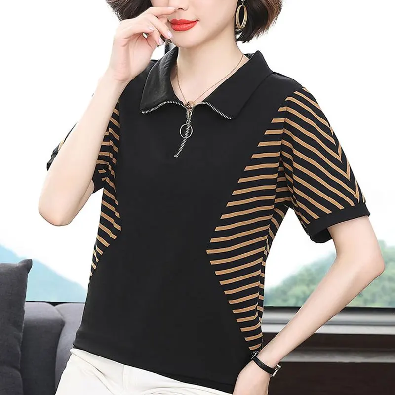 Women's Clothing Polo-Neck Zipper T-shirt Fashion Striped Patchwork All-match Summer Casual Short Sleeve Korean Loose Pullovers