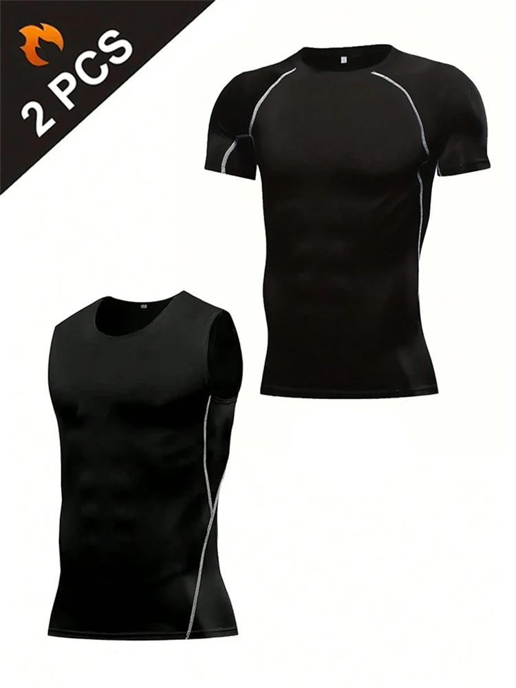 2PCS hochelastische Kompressionssportweste für Herren, schnell trocknendes, feuchtigkeitsabsorbierendes, atmungsaktives Unterwäsche-Kurzarm-T-Shirt