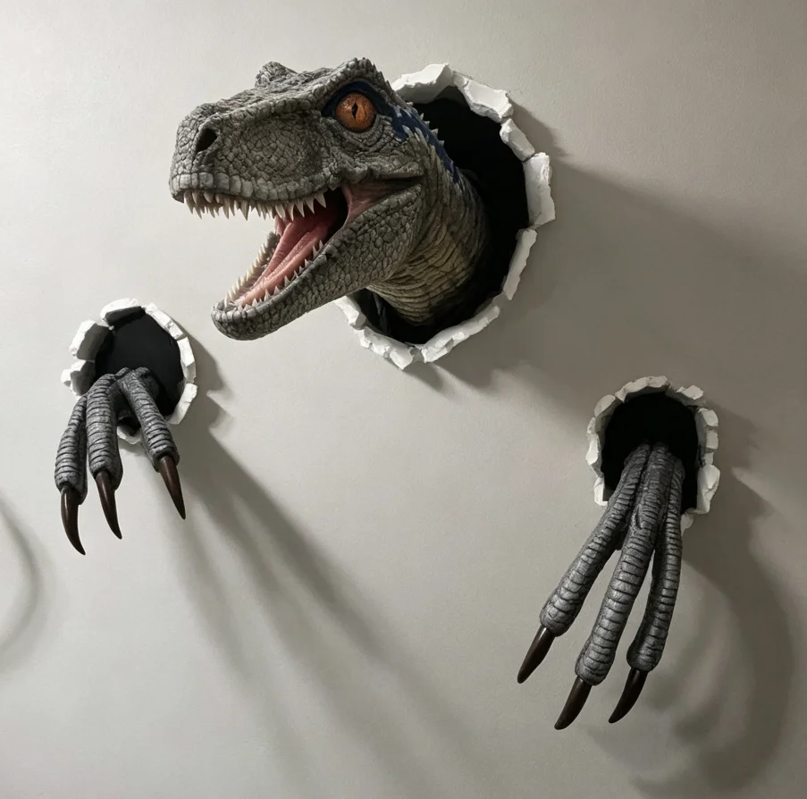 Wall Burst Dinosaur Sculpture Decor, Resin Dinosaur Head & Claw Wall Mount Art, 3D Broken Wall Dino Ornament for Home Bar Room