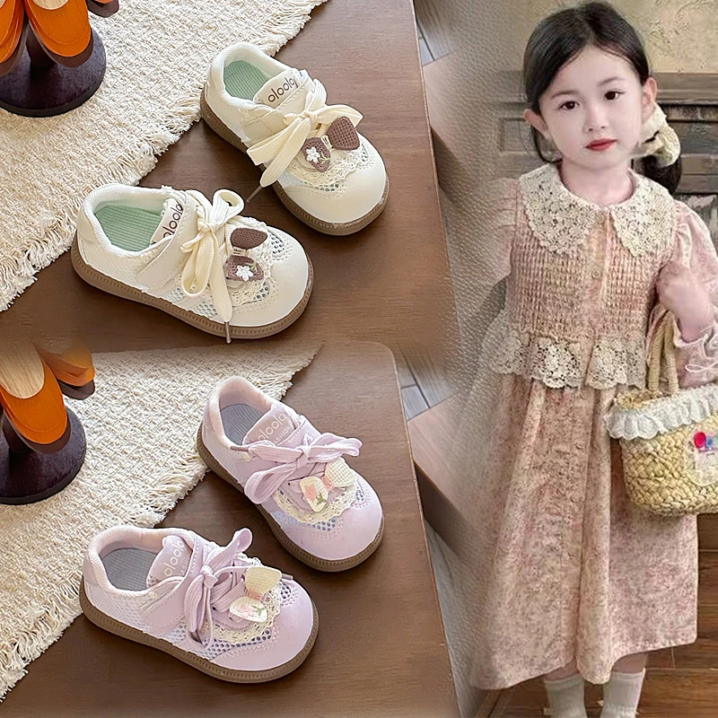 

Girls' Shoes Kids Sneakers for Ages 1-16 Beige Bow Floral Girls' Training Shoes Soft-Sole Non-Slip Children's Baby Flats Shoes