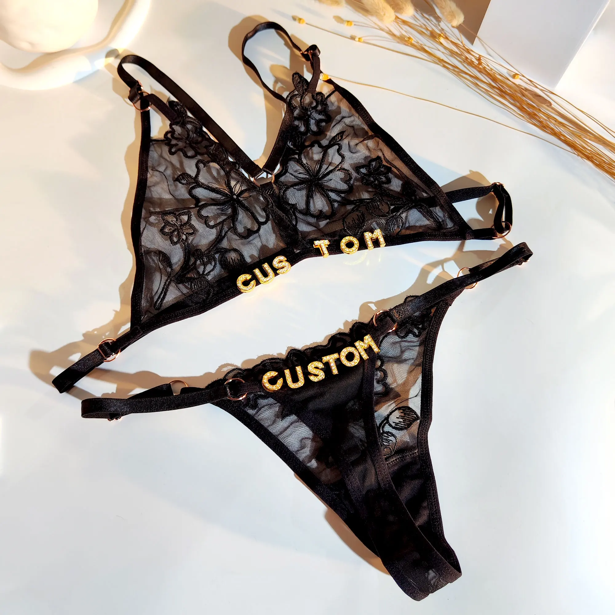 Customized Name Sexy Lace Underwear for Women Pure Lust Tulle Embroidery No Rims Nude Sense Size Adjustable Bralette Bra Set
