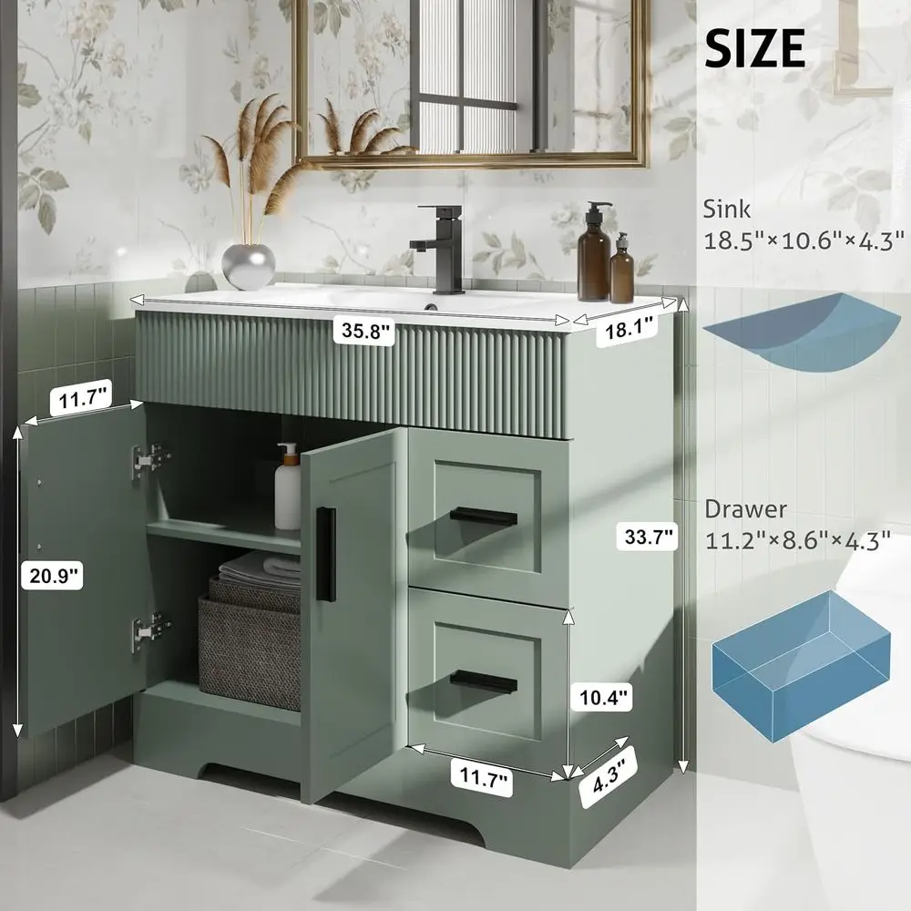 36 Gray Green Vanity with Undermount Sink and Matte Black Drain