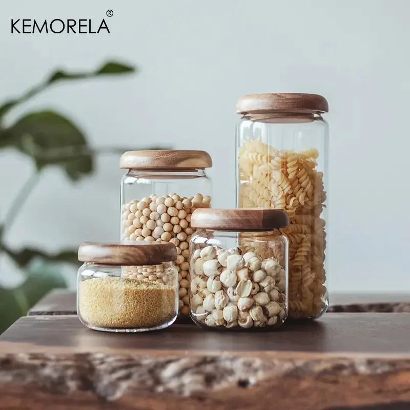 KEMORELA Transparent Food Storage Container Jar Acacia Wood Round Tea Jar Dried Fruit Snacks Kitchen Glass Sealed Storage Jar