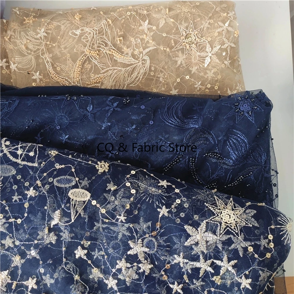 3D 자수 비즈 및 스팽글 메쉬 레이스 원단 플라잉 호스 의류 원단 DIY 여성 드레스 스커트 액세서리 미터 단위 판매