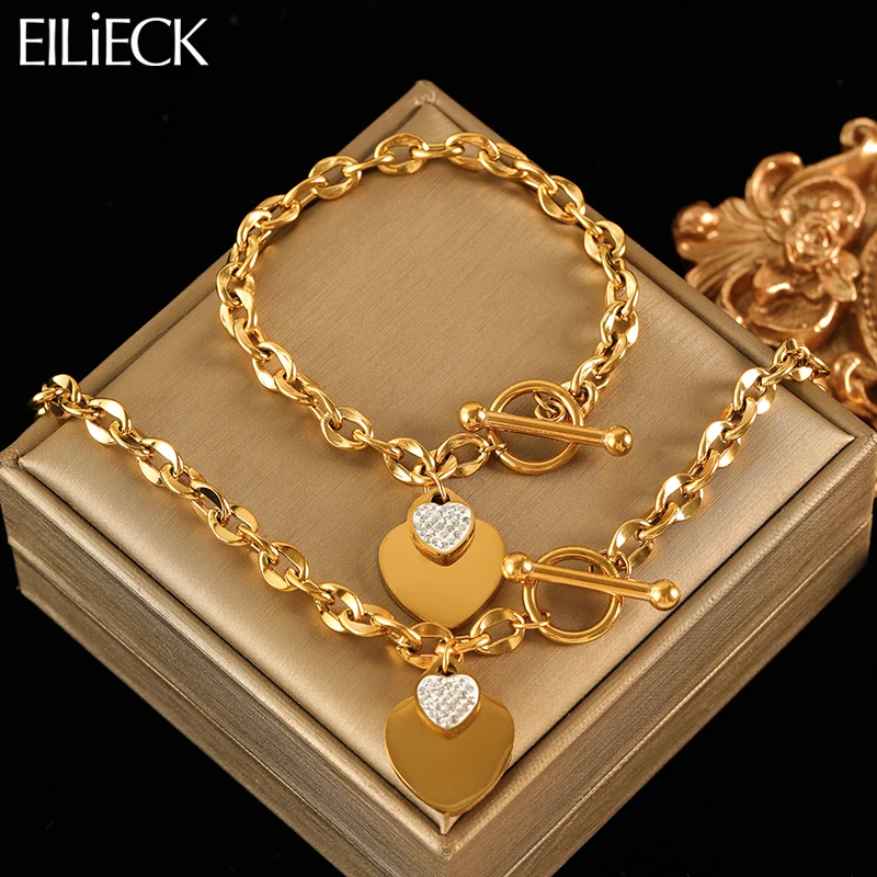 EILIECK New Fashion Stainless Steel Metal Double Heart Necklace Bracelet For Women Fashion Waterproof 3-Color Jewelry Set Gift