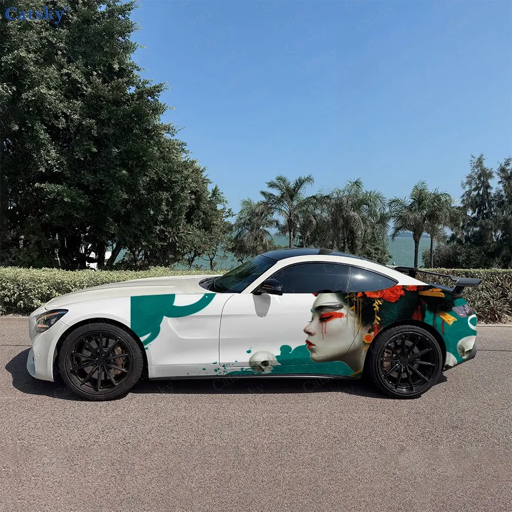 2pcs Teal Wave Red Makeup Lady Car Side Wraps, Self-Adhesive PVC Waterproof & Scratch-Resistant Stickers, Car Accessory Gift