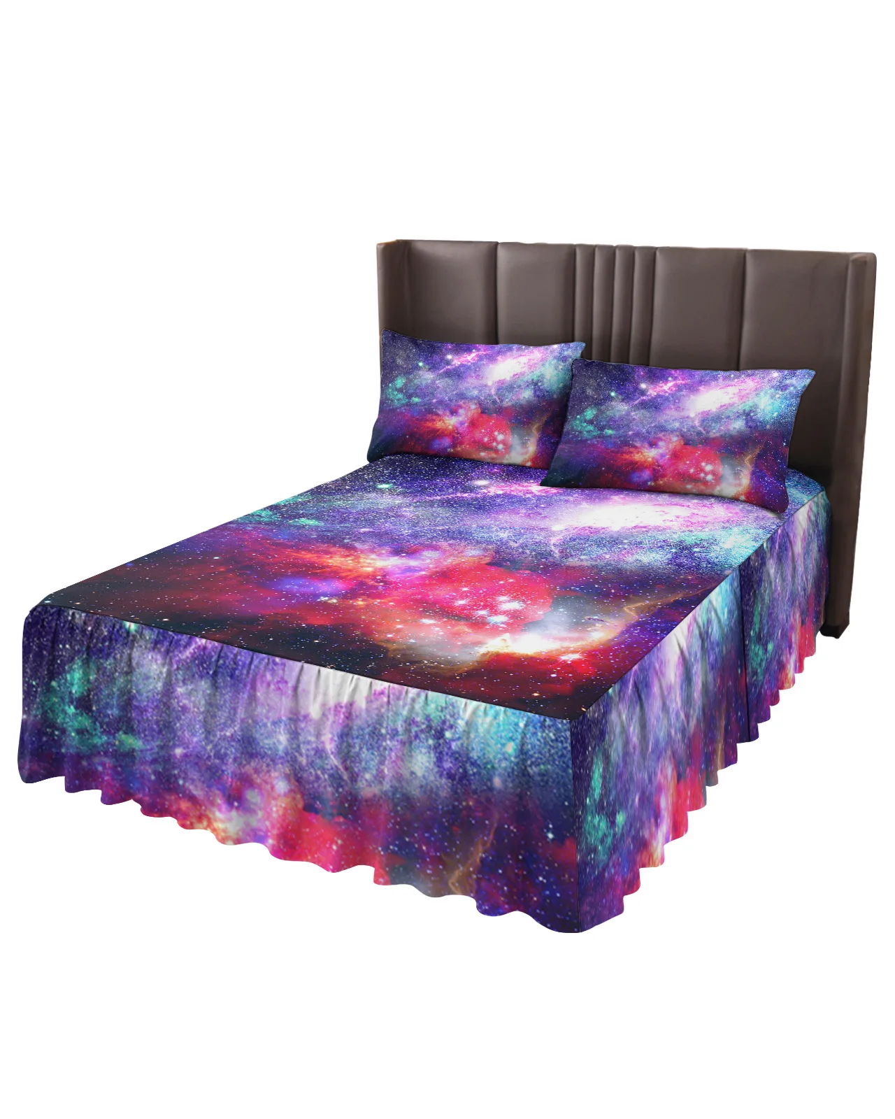 Purple Starry Sky Universe Bed Skirt Elastic Fitted Bedspread With Pillowcases Mattress Cover Bedding Set Bed Sheet