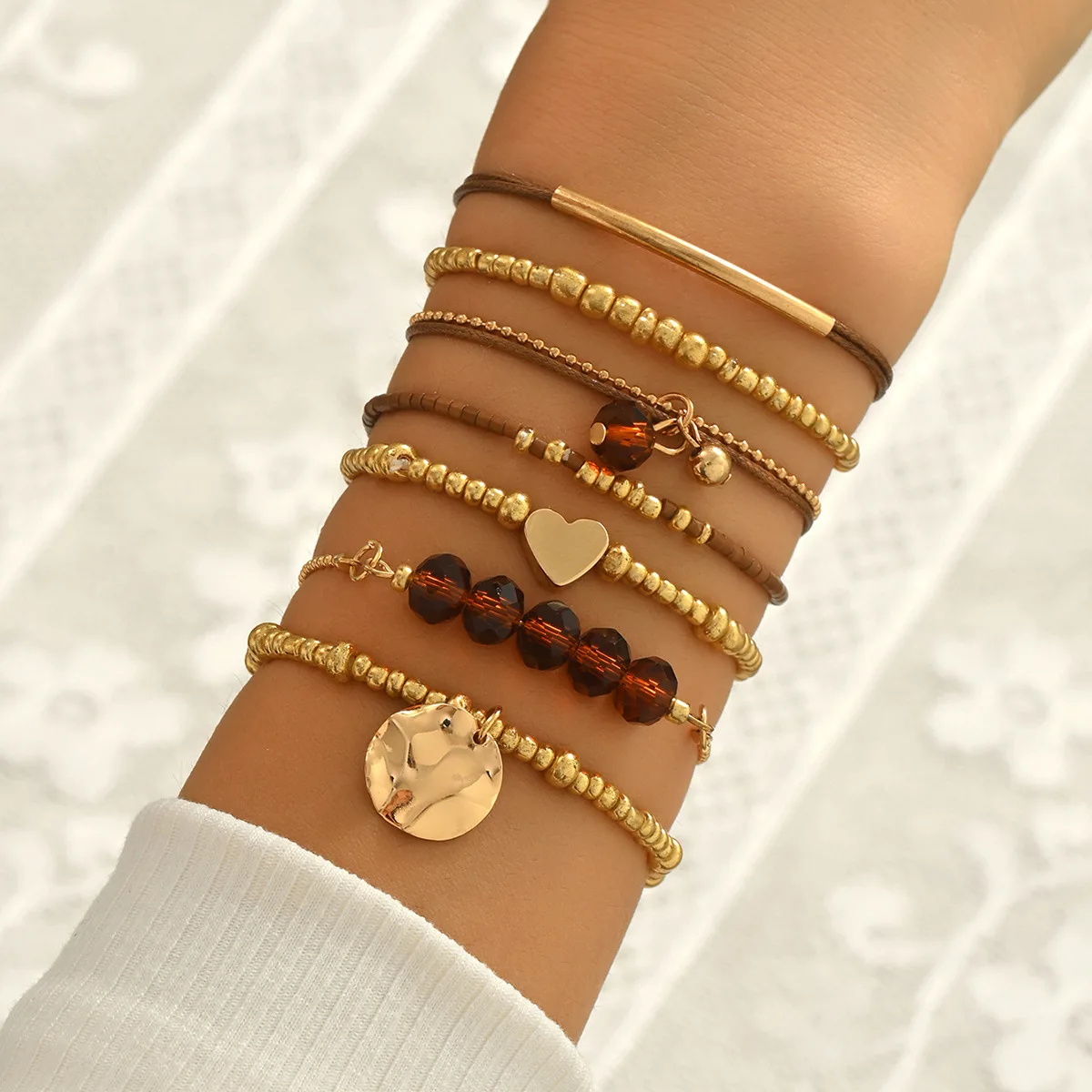 7Pcs Bohemian Heart Beads Bracelet Set For Women Round Charm Elastic String CCB Beads Chain Bracelet Female Fashion Jewelry image 3