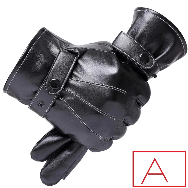 Winter Fashion Black PU Leather Gloves Male Thin Style Driving Leather Men Gloves Non-Slip Full Fingers Palm Touchscreen