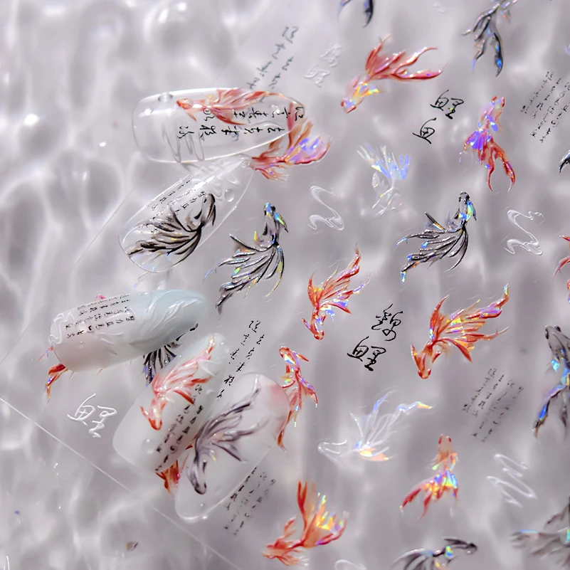 

Chinese Koi Goldfish Carp Red White Black Fish Lotus Flower Dolphin Sea Mermaid Summer Soft Reliefs Nail Stickers Manicure Decal