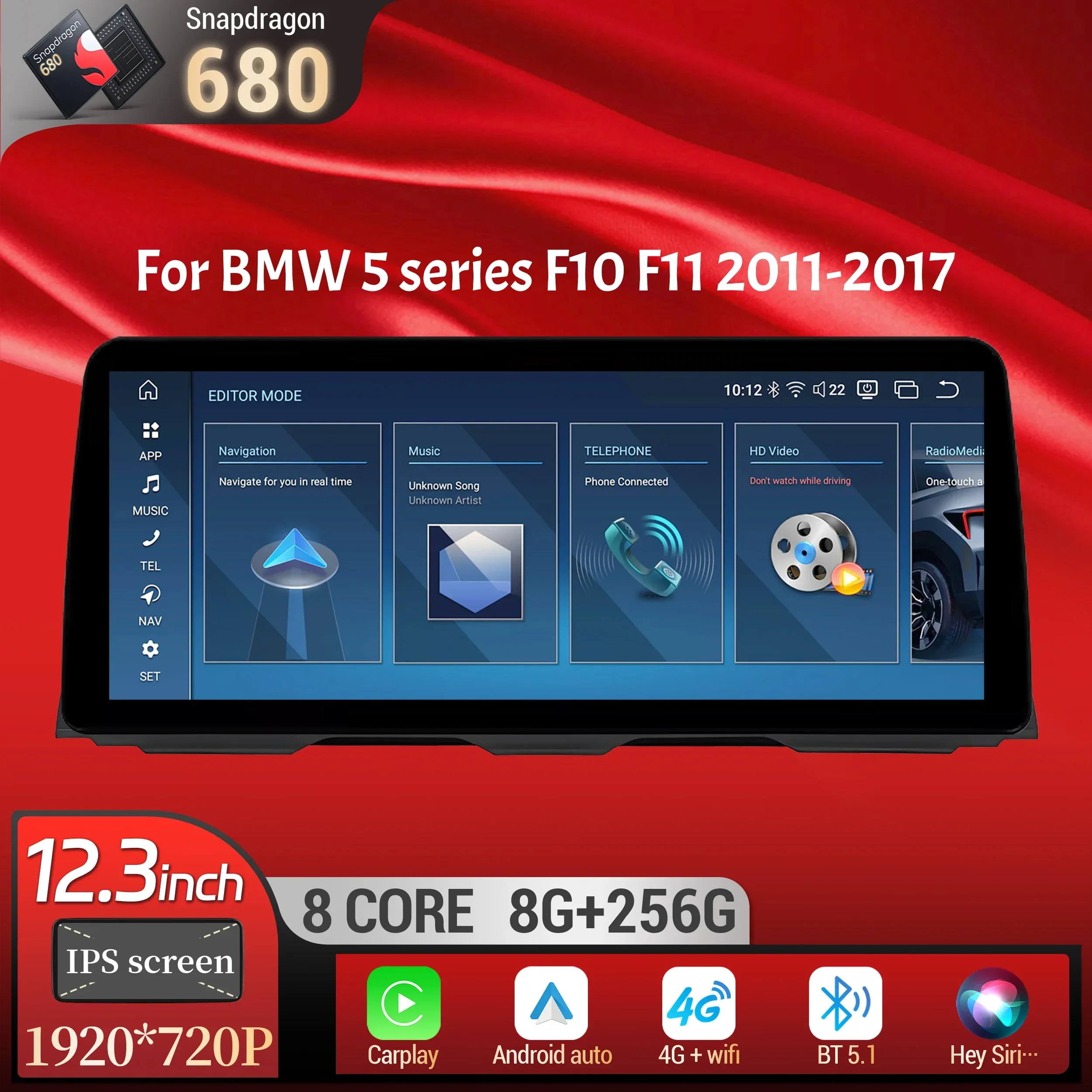 

12.3 inch Android 14 For BMW 5 series F10 F11 2011-2017 GPS Car Radio Wireless BT Carplay Head Unit Snapdragon 680 Touch Screen