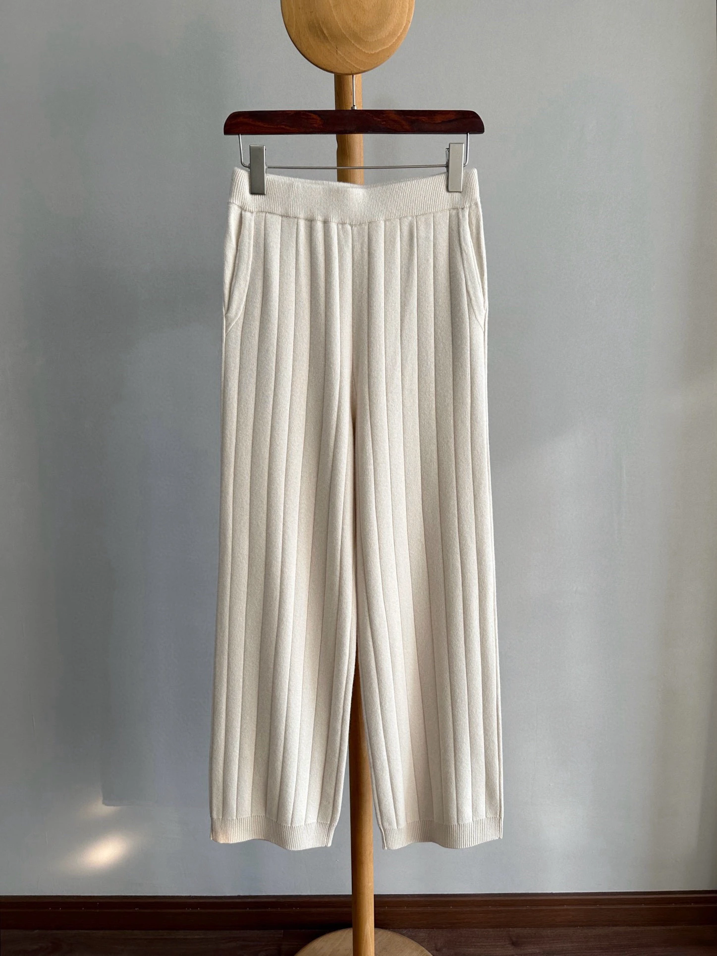 Setelan Kasmir Wanita Sweter Rajutan Lengan Panjang Leher-o Celana Kaki Lebar Ramping Pinggang Tinggi Set 2 Potong