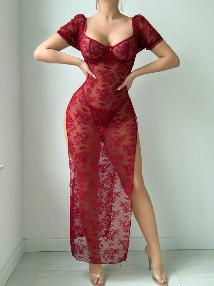 Hot Sexy Underwear Lace Transparent Dress Women Night Club Lingerie Claret Short Lantern Sleevele High Slit Wrapping Square Neck