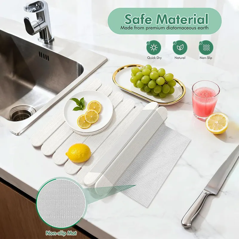 Roll-Up Dish Drying Mat Quick Dry Diatomaceous Earth Stone Mat Non-slip Dish Drainer Mat Cups Tableware Pads Kitchen Accessories