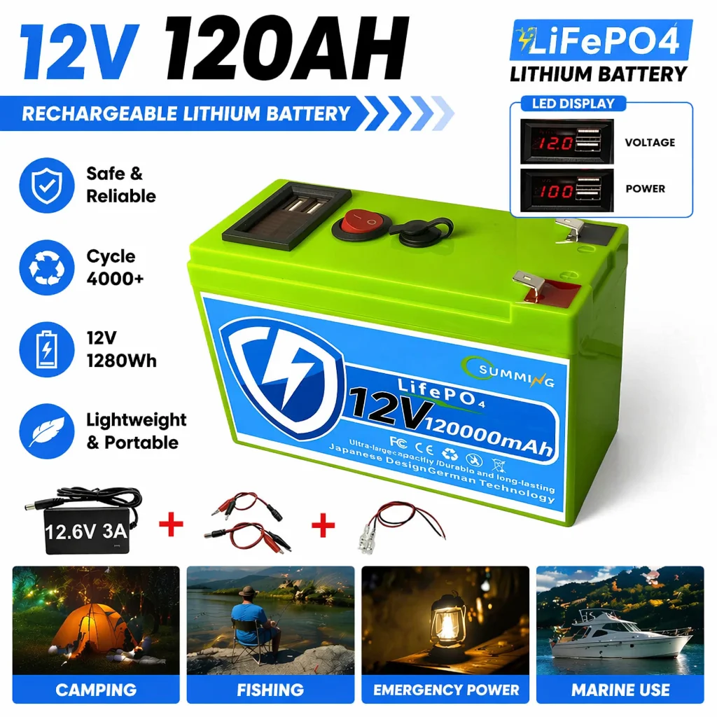 🔋NEW LiFePO4 12V 120000mAh Portable Rechargeable Battery  Built-in 5V 2.1A USB Power Display Charging Port with +12.6V Charger