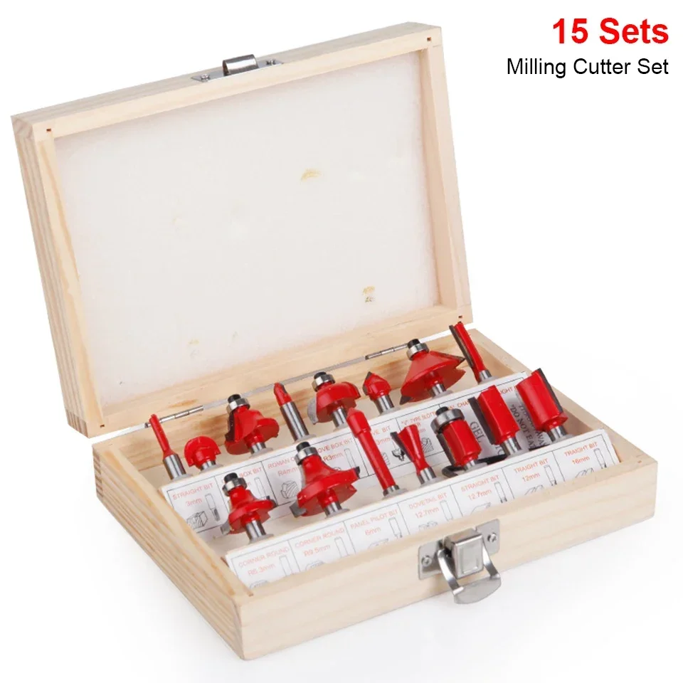 15pcs Milling Cutter Kits for Wood Router Woodworking Electric Trimmer Wood Milling Engraving Slotting Trimming Machine