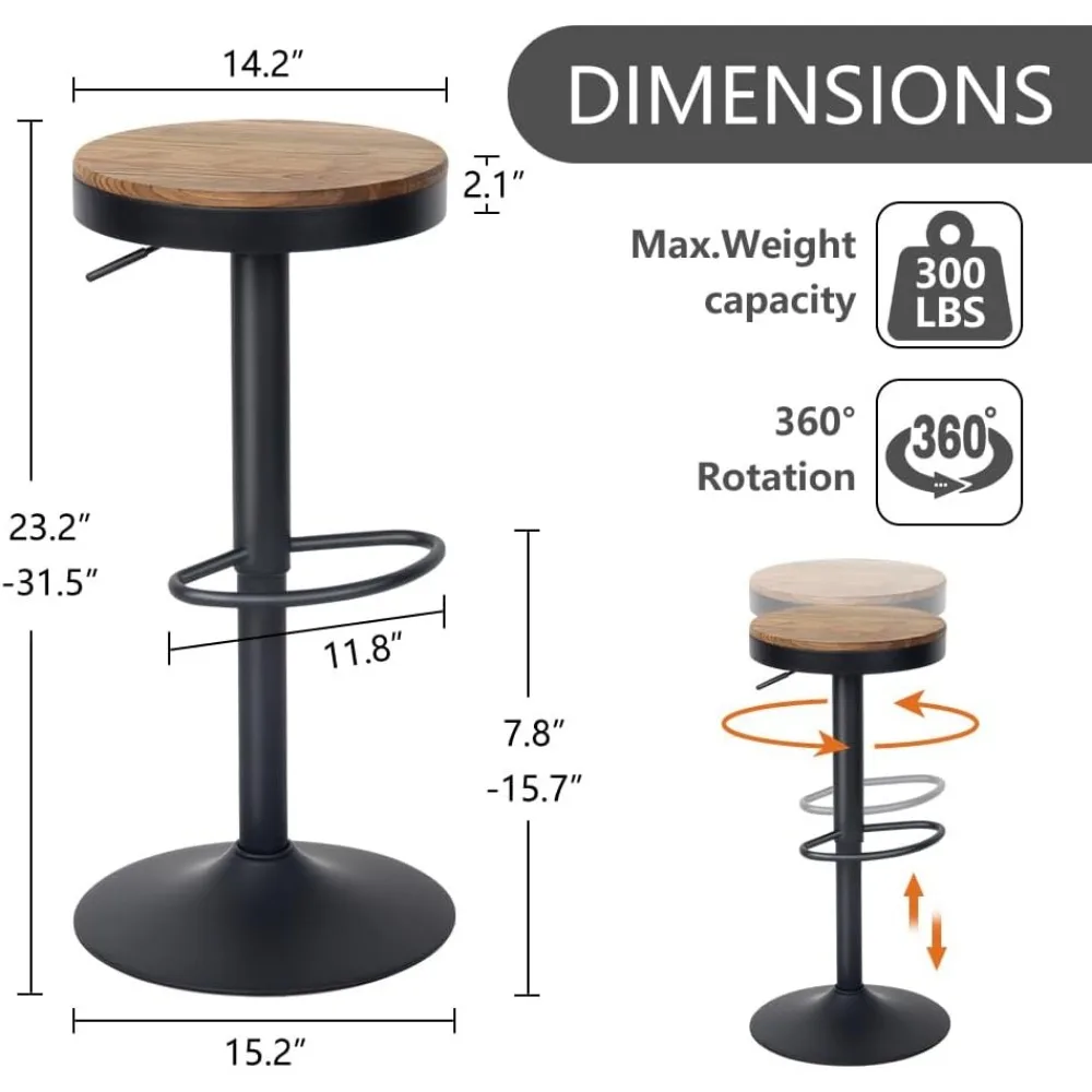 Adjustable Swivel Backless Bar Stools Set of 2 - Modern Wooden Seat Counter Height Chairs