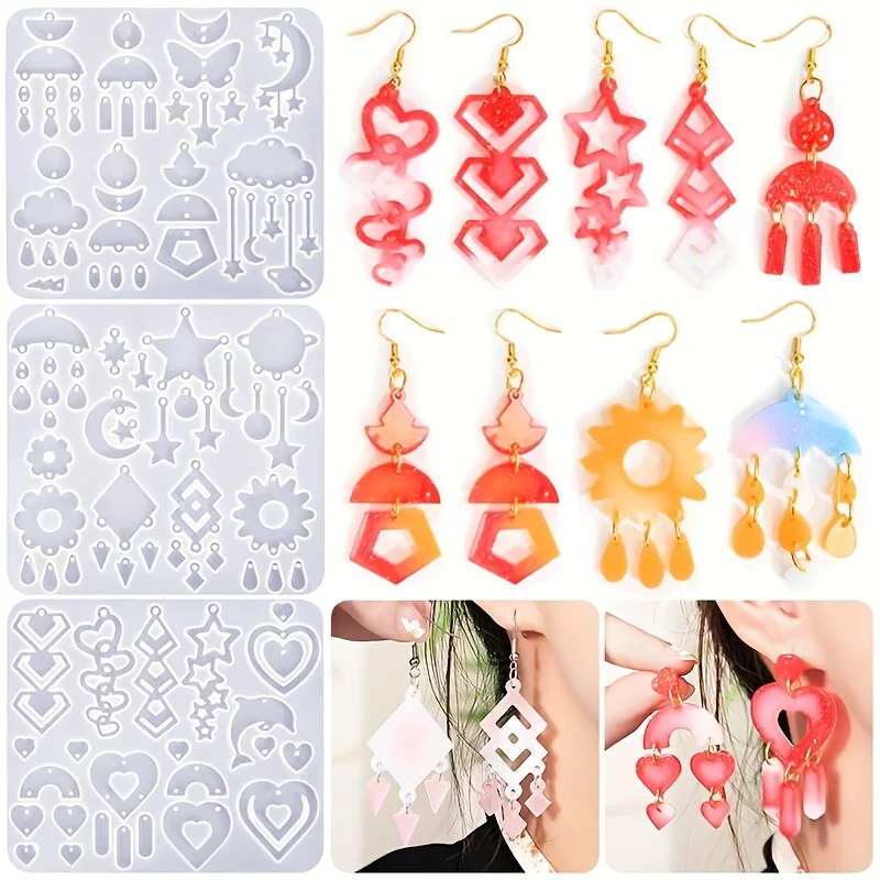 3Set of epoxy resin earring molds，Heart-shaped、Clouds、Star Silicone Mold Set，with Holes，Used for jewelry、Keychain and Pendant Ma