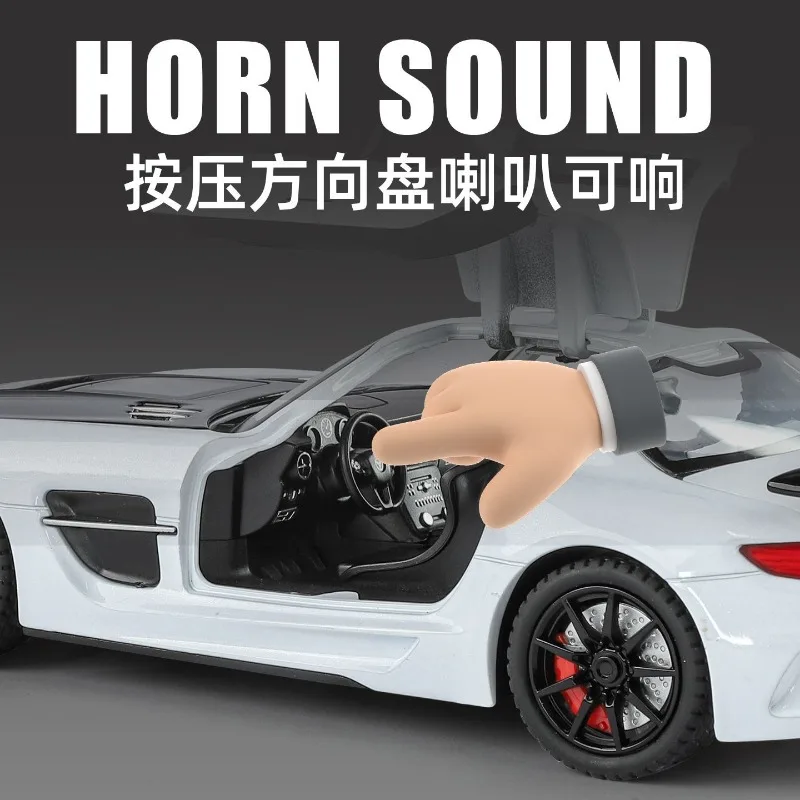 1:24 scale mercedes benz sls amg alloy diecast model car four doors open transparent hood pull back light sound kids gift view 5