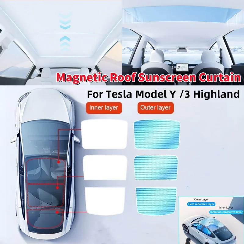 

Car Skylight Curtain Cover Double-Layer Heat Insulation Sunscreen Curtain Set For Tesla Model Y 2021-2024/ Model 3 2024-2025